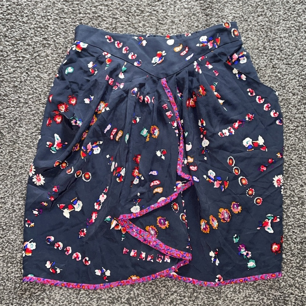 Rebecca Taylor Ruffle Front Grey Floral Print Silk Women's Skirt Size 4